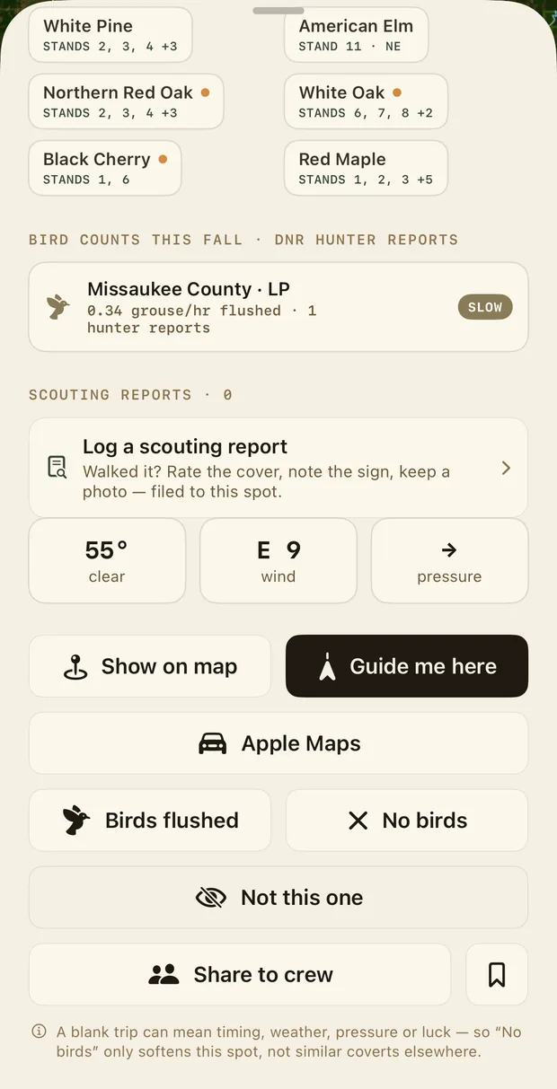 A covert's actions: what you should find here by stand: white pine, American elm, northern red oak, white oak, black cherry, red maple. Bird counts this fall from DNR hunter reports: Missaukee County, 0.34 grouse per hour flushed, slow. Log a scouting report. Show on map, Guide me here, Apple Maps, Birds flushed, No birds, Not this one, Share to crew.