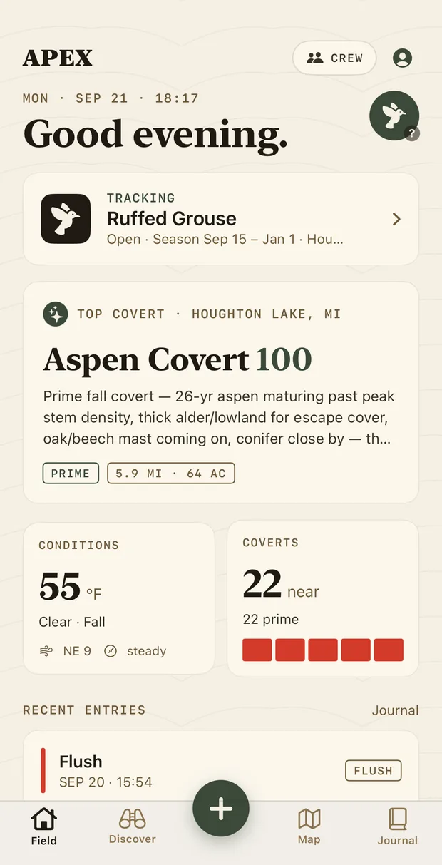 The Field screen: Good evening. Tracking Ruffed Grouse, season Sep 15 to Jan 1. Top covert near Houghton Lake: Aspen Covert, 100: prime fall covert, 26-year aspen maturing past peak stem density, thick alder lowland for escape cover, oak and beech mast coming on, conifer close by. Prime, 5.9 miles, 64 acres. Conditions 55°F clear, NE 9, steady. 22 coverts near, 22 prime.