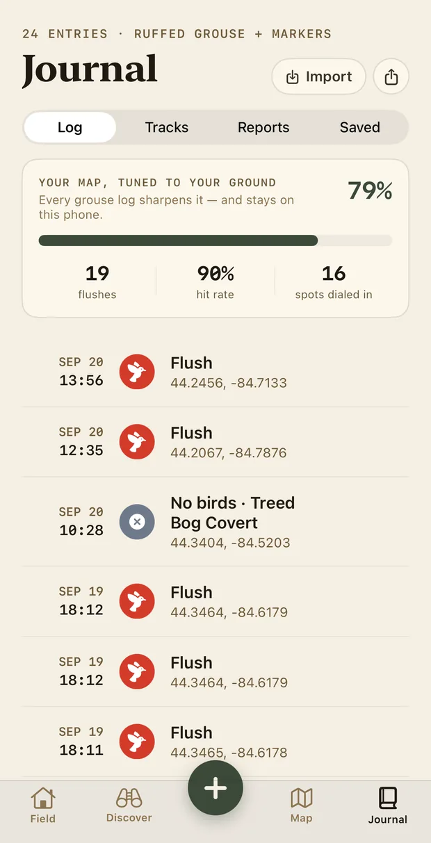 The journal: 24 entries, ruffed grouse and markers. Your map, tuned to your ground: 79 percent; every grouse log sharpens it, and stays on this phone. 19 flushes, 90 percent hit rate, 16 spots dialed in. Entries: Flush, Sep 20 13:56; Flush, Sep 20 12:35; No birds, Treed Bog Covert, Sep 20 10:28.