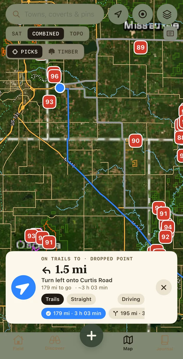 Navigation on the map: a route drawn along trails to a dropped point. On trails to dropped point, 1.5 miles, turn left onto Curtis Road, 179 miles to go, about 3 hours 3 minutes. Options: trails, straight, driving.