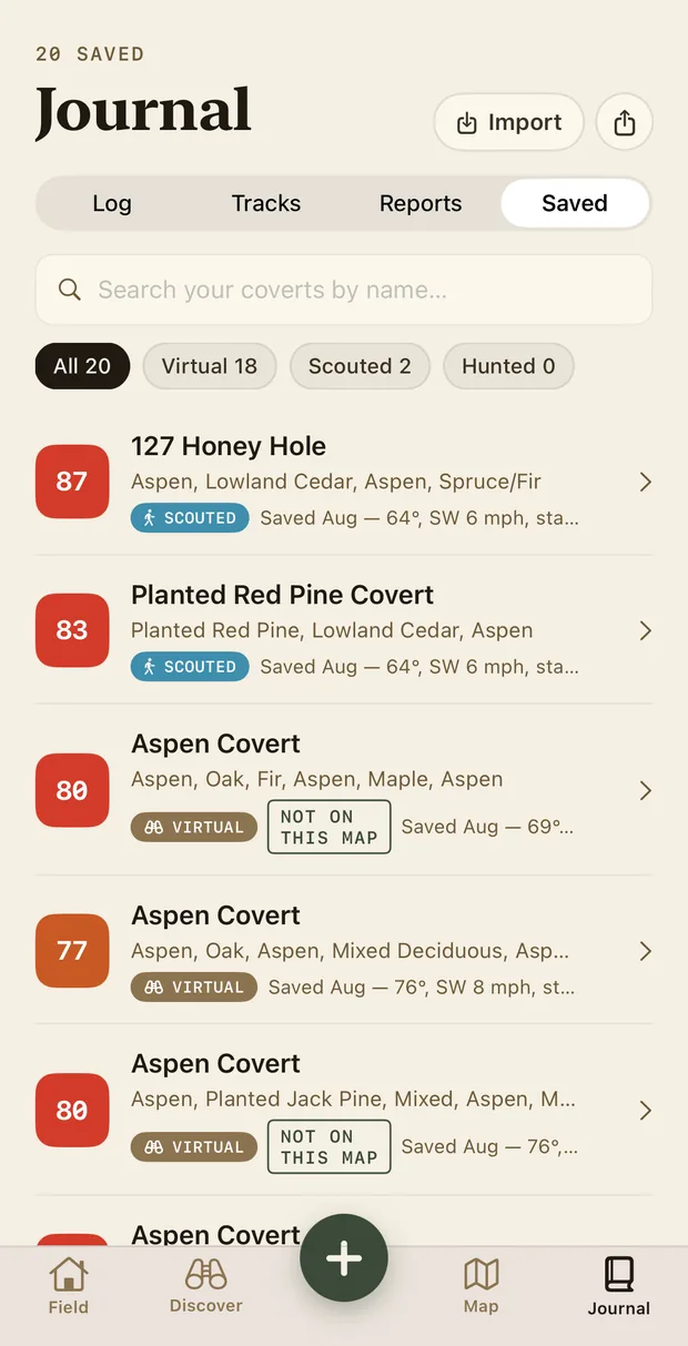 Saved coverts: 20 saved, filtered all, virtual 18, scouted 2, hunted 0. 127 Honey Hole, scouted, 87. Planted Red Pine Covert, 83. Aspen Covert, 80, virtual.