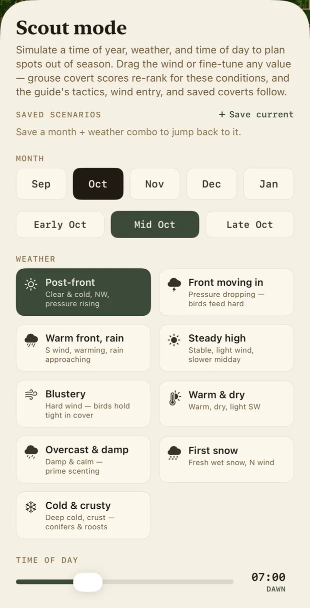 Scout mode: simulate a time of year, weather and time of day to plan spots out of season. Month: Sep, Oct, Nov, Dec, Jan; early, mid, late October. Weather scenarios: post-front, front moving in, warm front rain, steady high, blustery, warm and dry, overcast and damp, first snow, cold and crusty. Time of day slider at 07:00 dawn. Wind: drag to plan your entry.