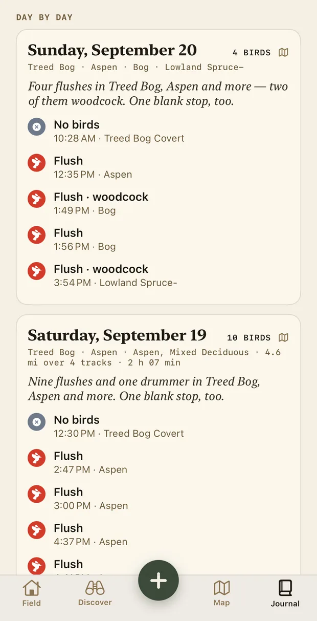 Day by day: Sunday, September 20, 4 birds in Treed Bog, Aspen, Bog and Lowland spruce: four flushes, two of them woodcock, and one blank stop, with each stop and its time. Saturday, September 19, 10 birds over 4.6 miles on 4 tracks in 2 hours 7 minutes: nine flushes and one drummer.