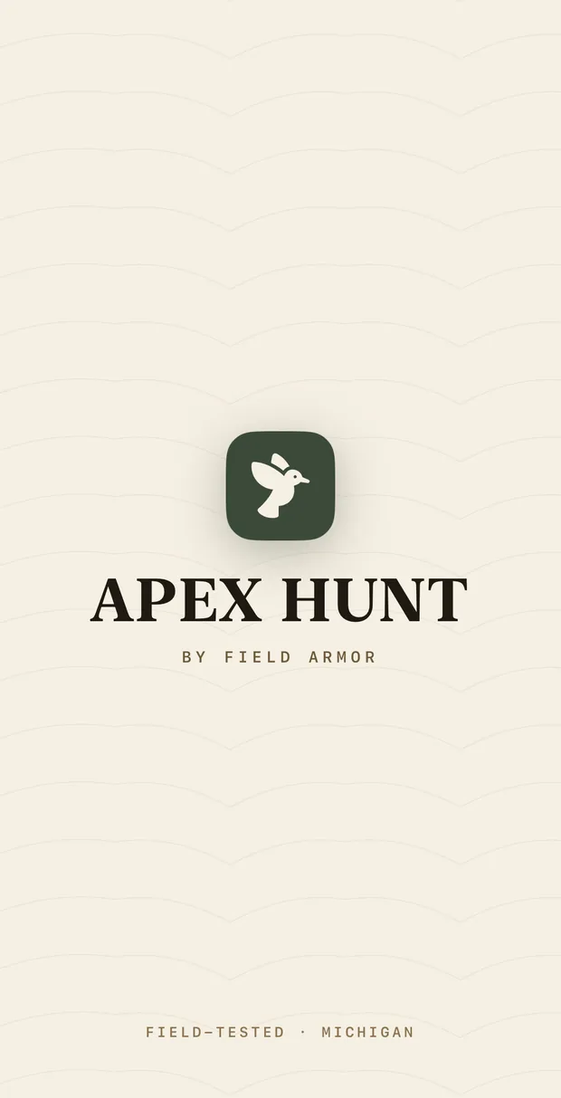 The Apex Hunt splash screen: the grouse icon, APEX HUNT by Field Armor, field-tested, Michigan